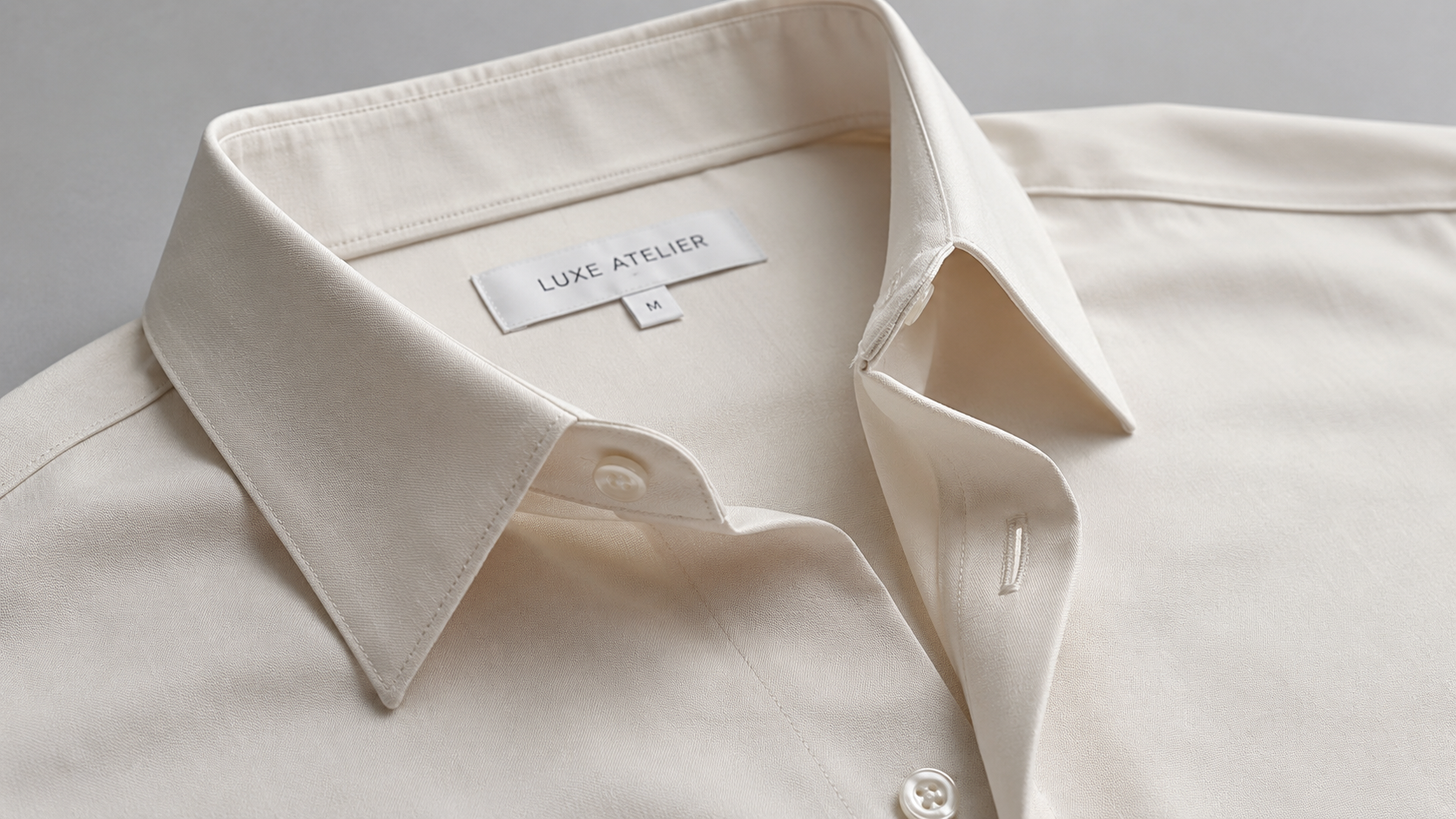 Close-up of blouse construction detail showing collar set, placket finishing, and buttonhole quality on a professional woven blouse