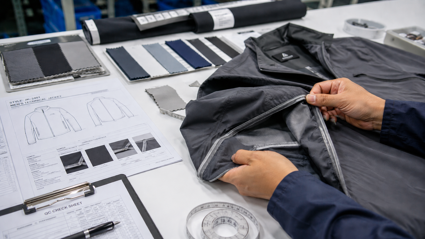 Close-up of apparel quality control process showing stitching, seams, fabric swatches, and technical documents