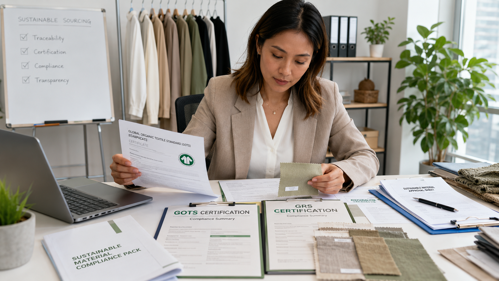 A sourcing manager reviewing fabric certification documentation including GOTS and GRS paperwork alongside fabric swatches on a clean desk