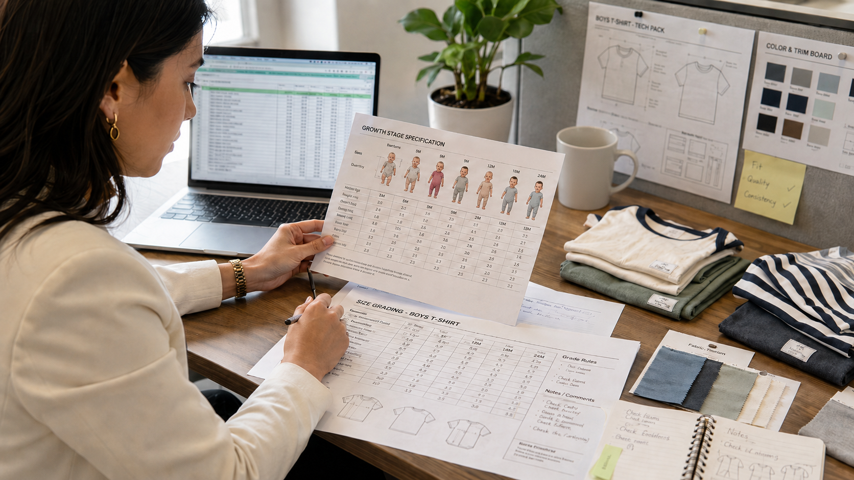 A sourcing manager reviewing children's apparel size grading specifications and a growth-stage spec sheet on a clean professional desk
