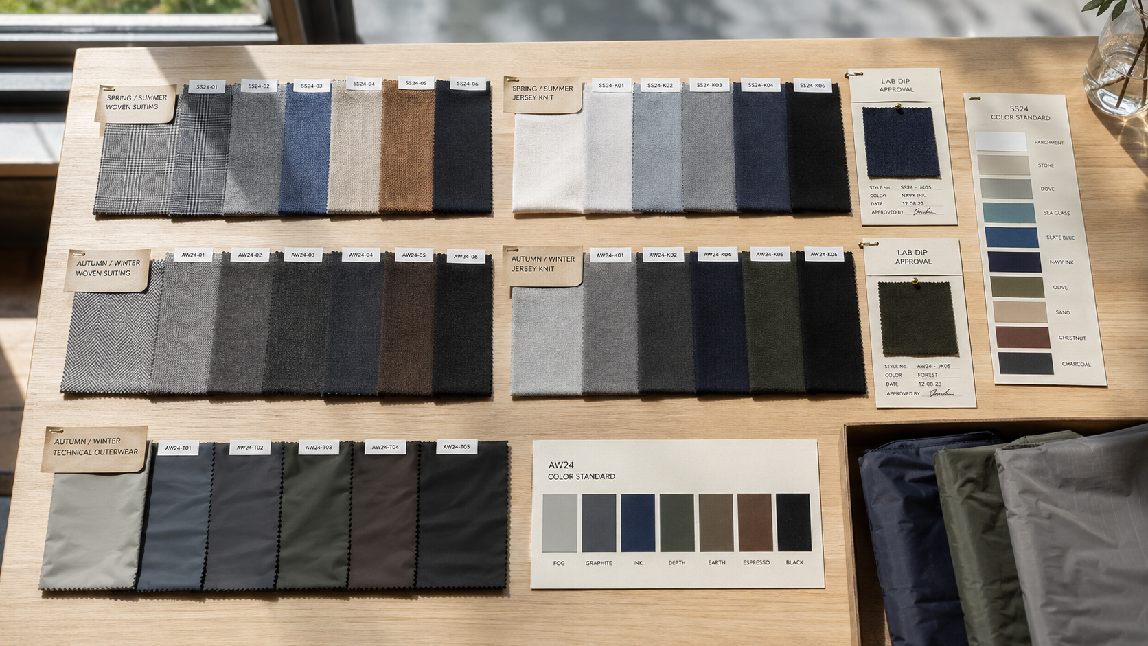 Fabric swatch cards and seasonal color standards organized on a worktable for production planning