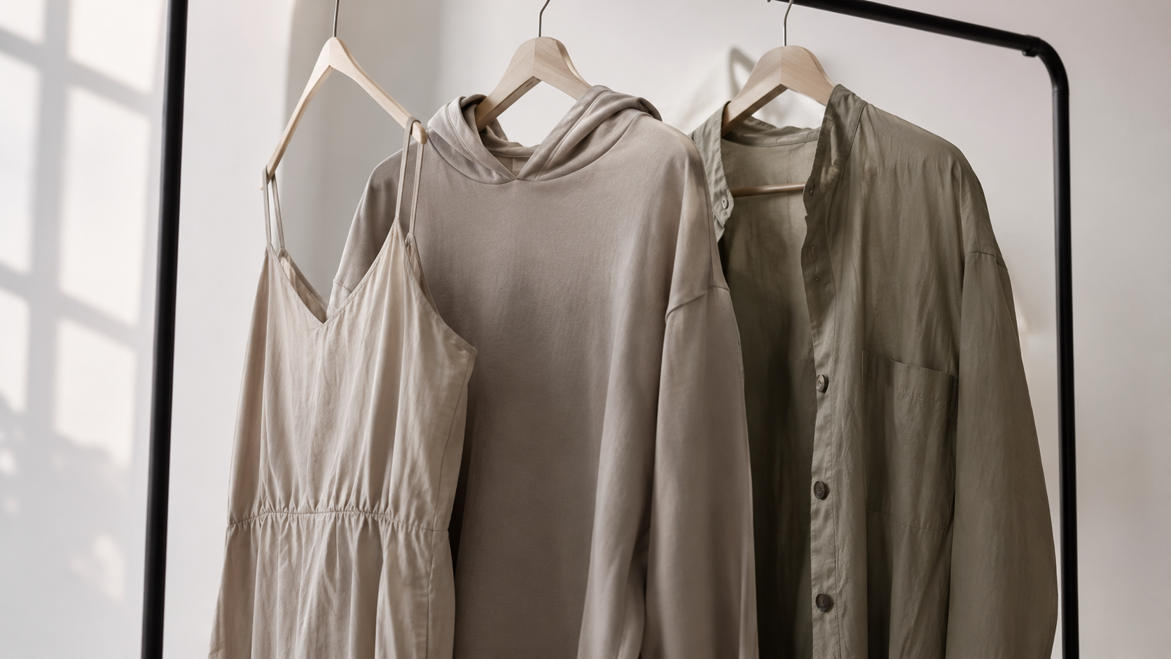 Premium garments hanging on a clean fashion studio rack with visible fabric texture and construction details