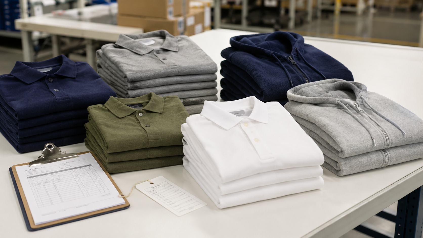 Finished knit garments including polo shirts and fleece hoodies folded and stacked for quality inspection before packing