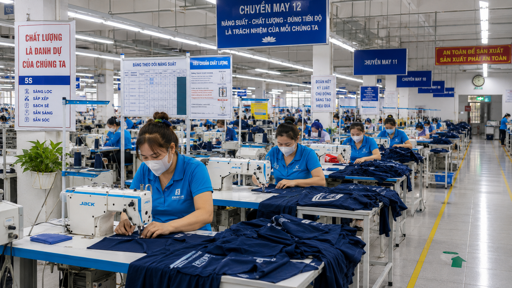 Active sewing line with garments in progress moving between stations