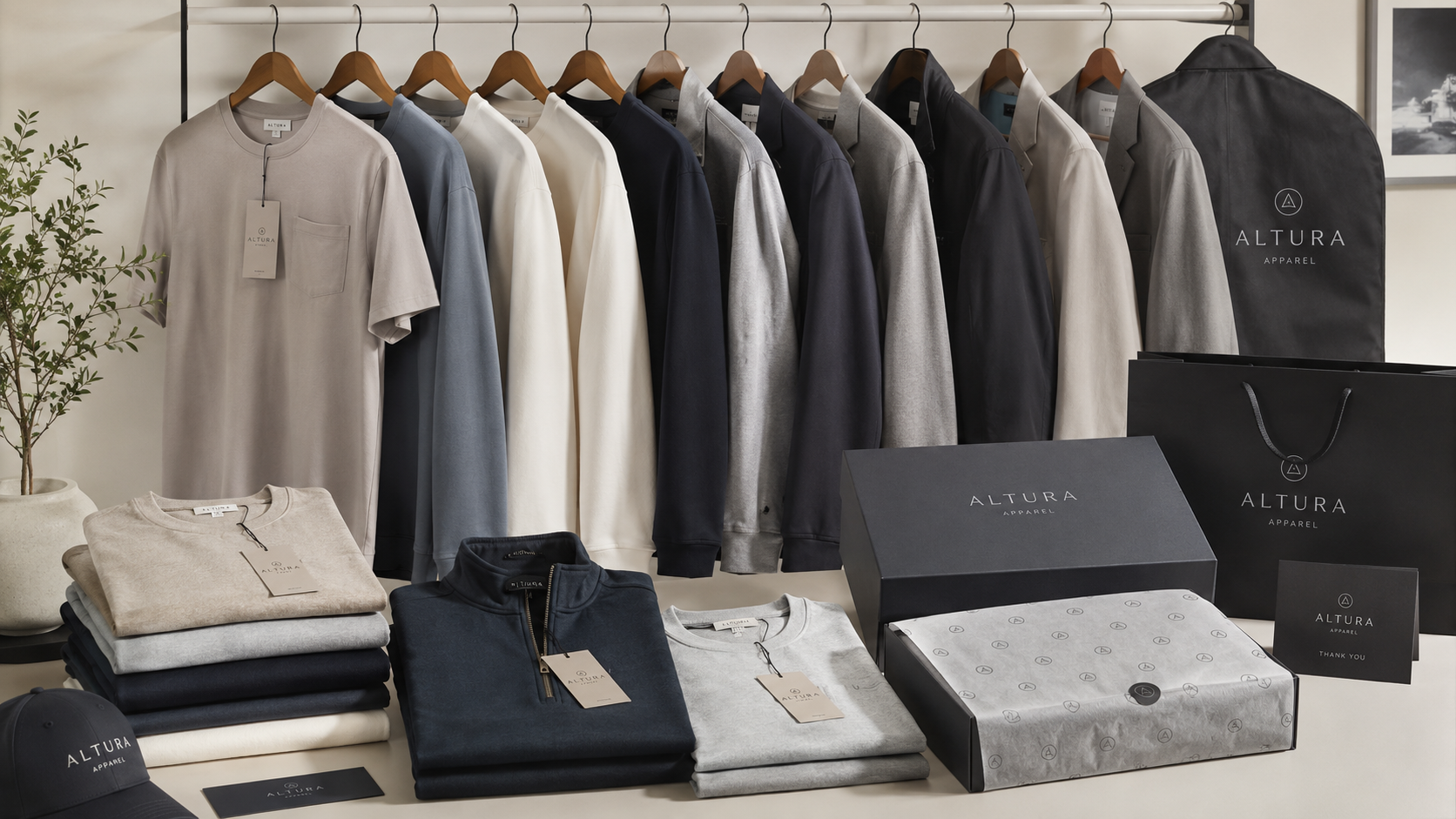 Organized display of private label branded garments with custom woven labels, hangtags, and branded packaging visible, professional apparel brand development context