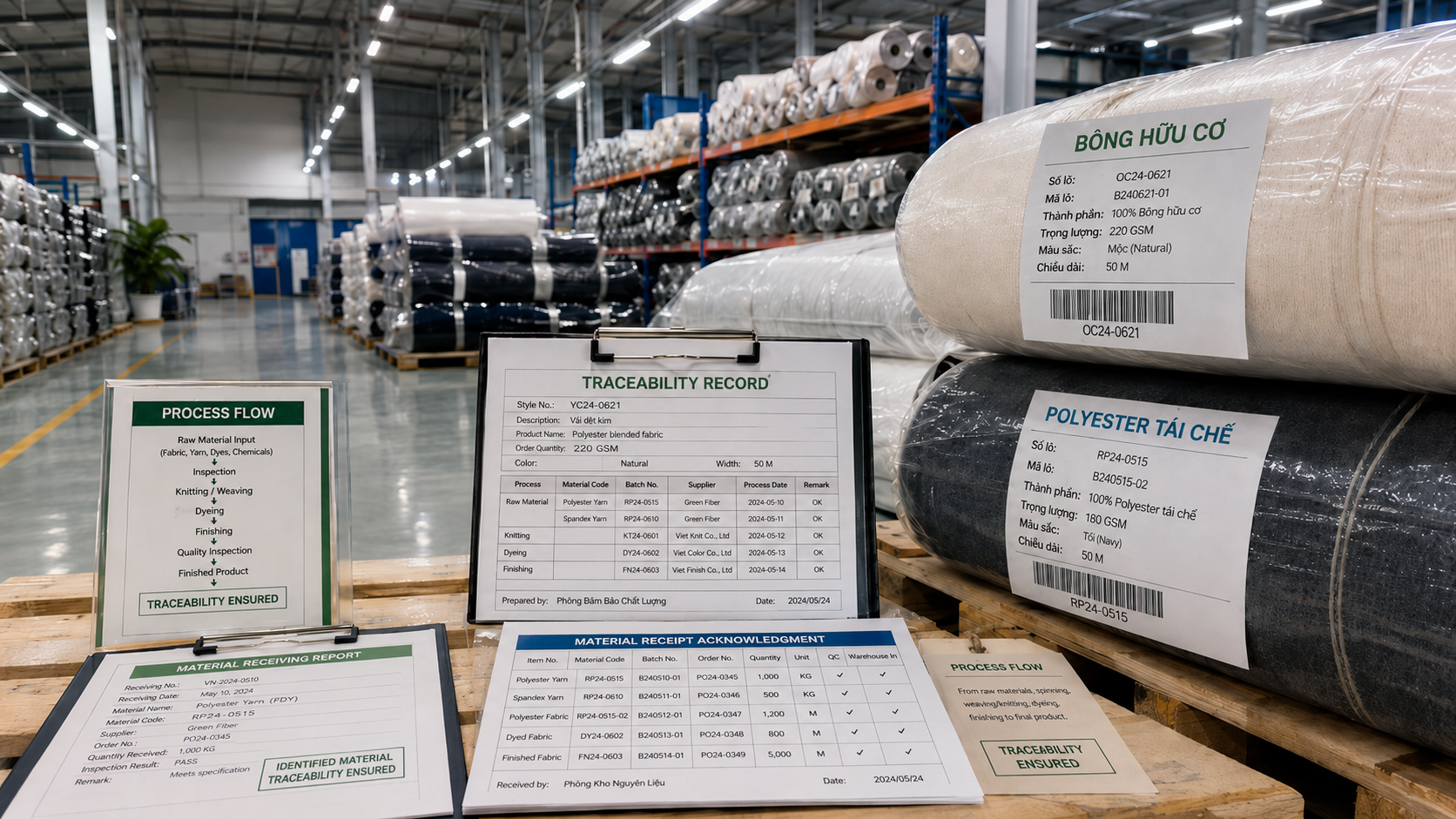 Chain of custody documentation and fabric roll labels for organic and recycled content verification on a warehouse floor