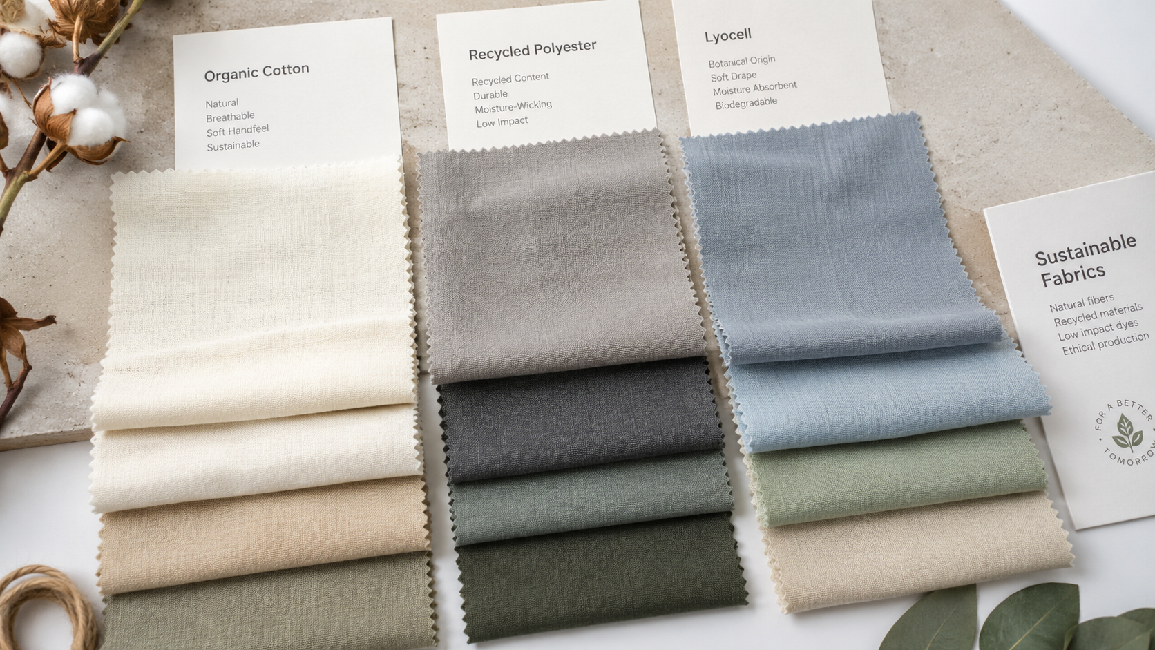 Close-up of organic cotton, recycled polyester, and lyocell fabric swatches arranged for sustainable apparel sourcing review