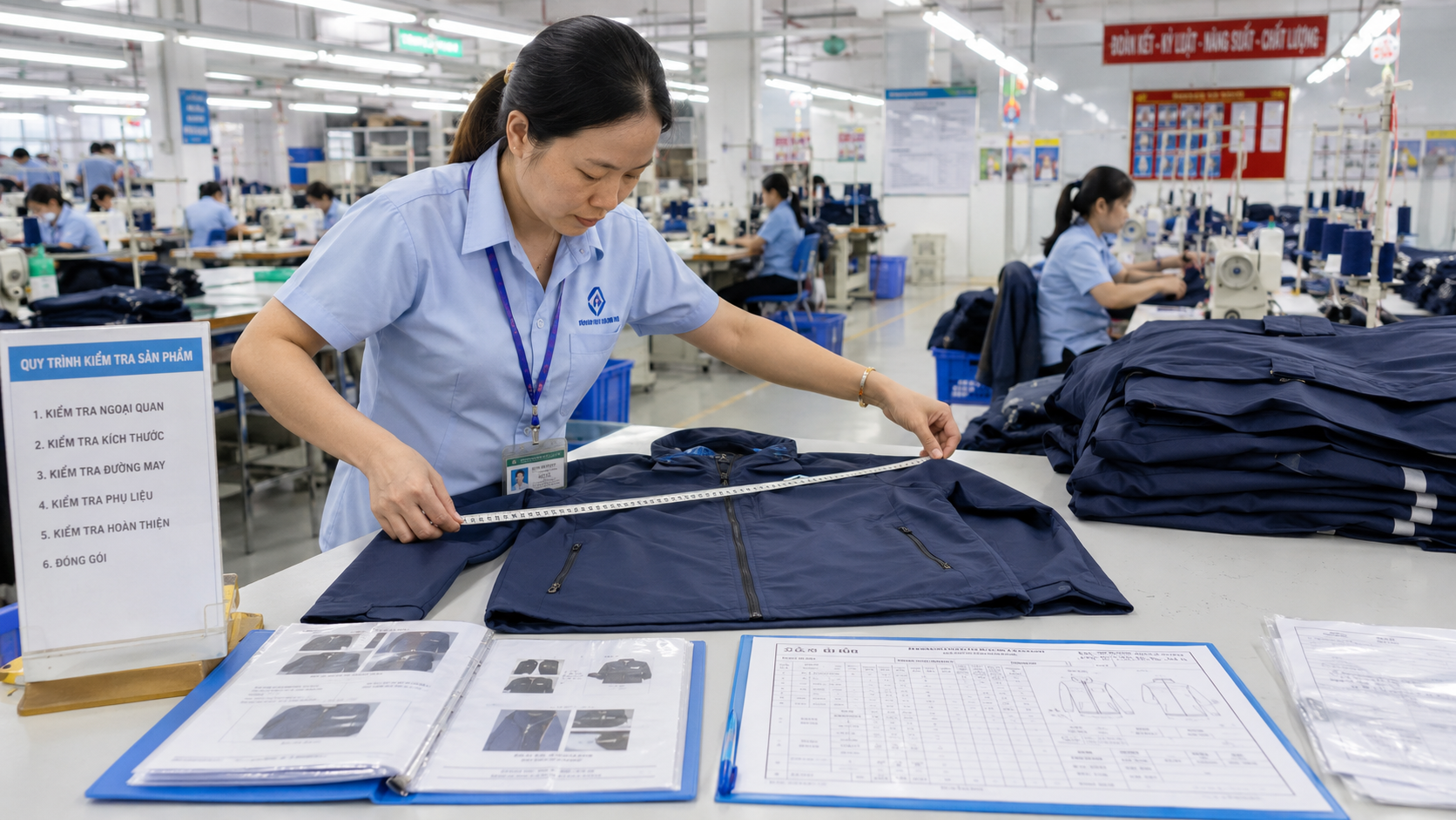 Garment inspector measuring a finished jacket against a graded specification sheet in a clean Vietnamese factory