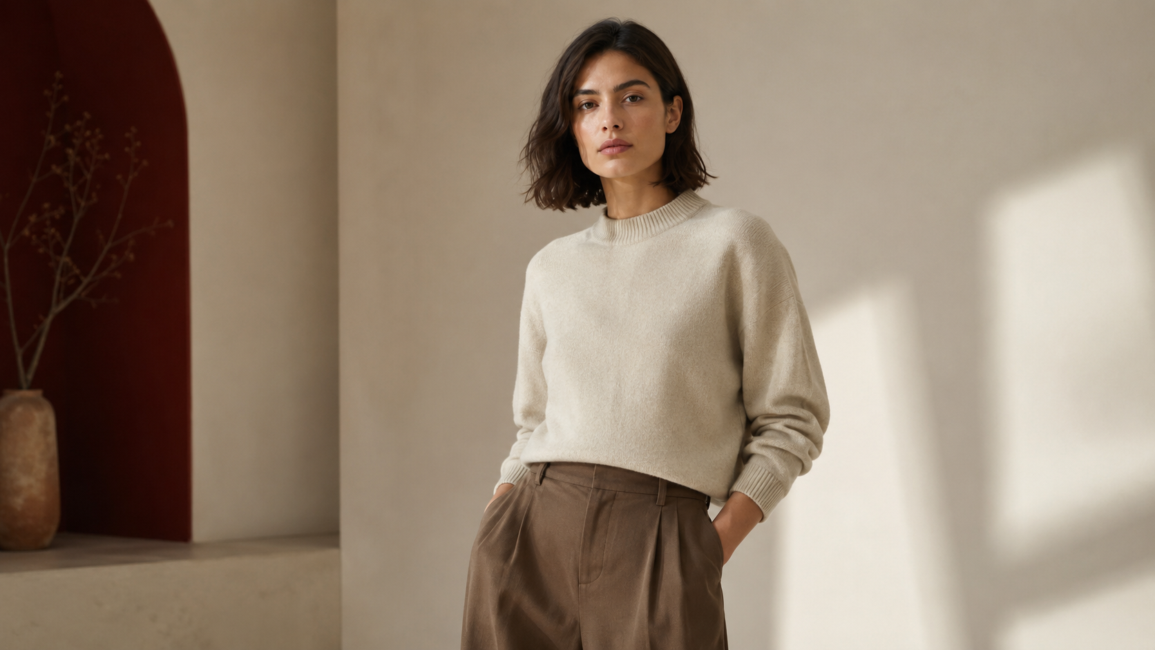 Model wearing premium sustainable apparel produced for a scaled fashion brand
