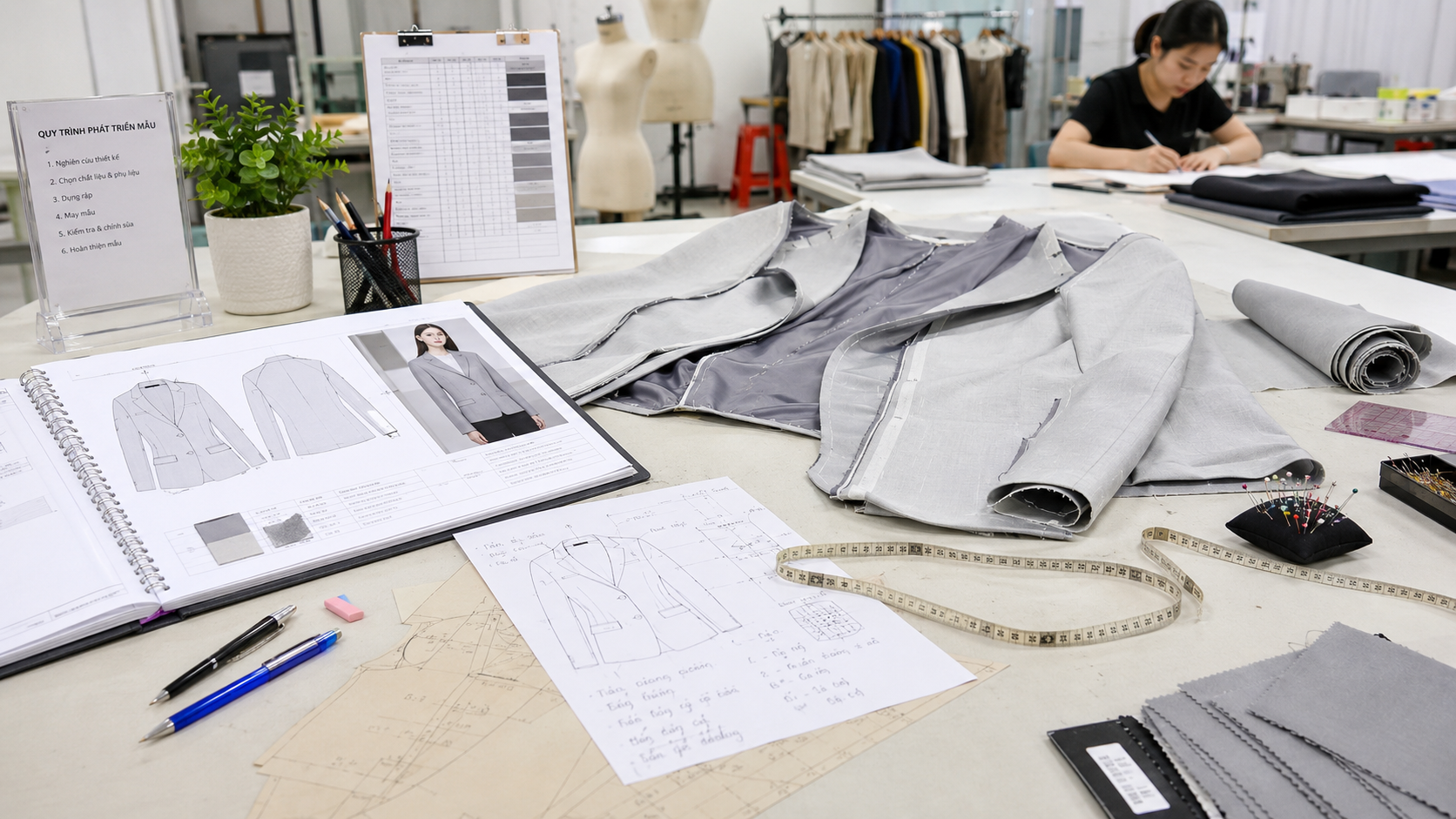 Sample development table with garment in progress, open tech pack, tape measure, and technical notes in a Vietnam factory studio