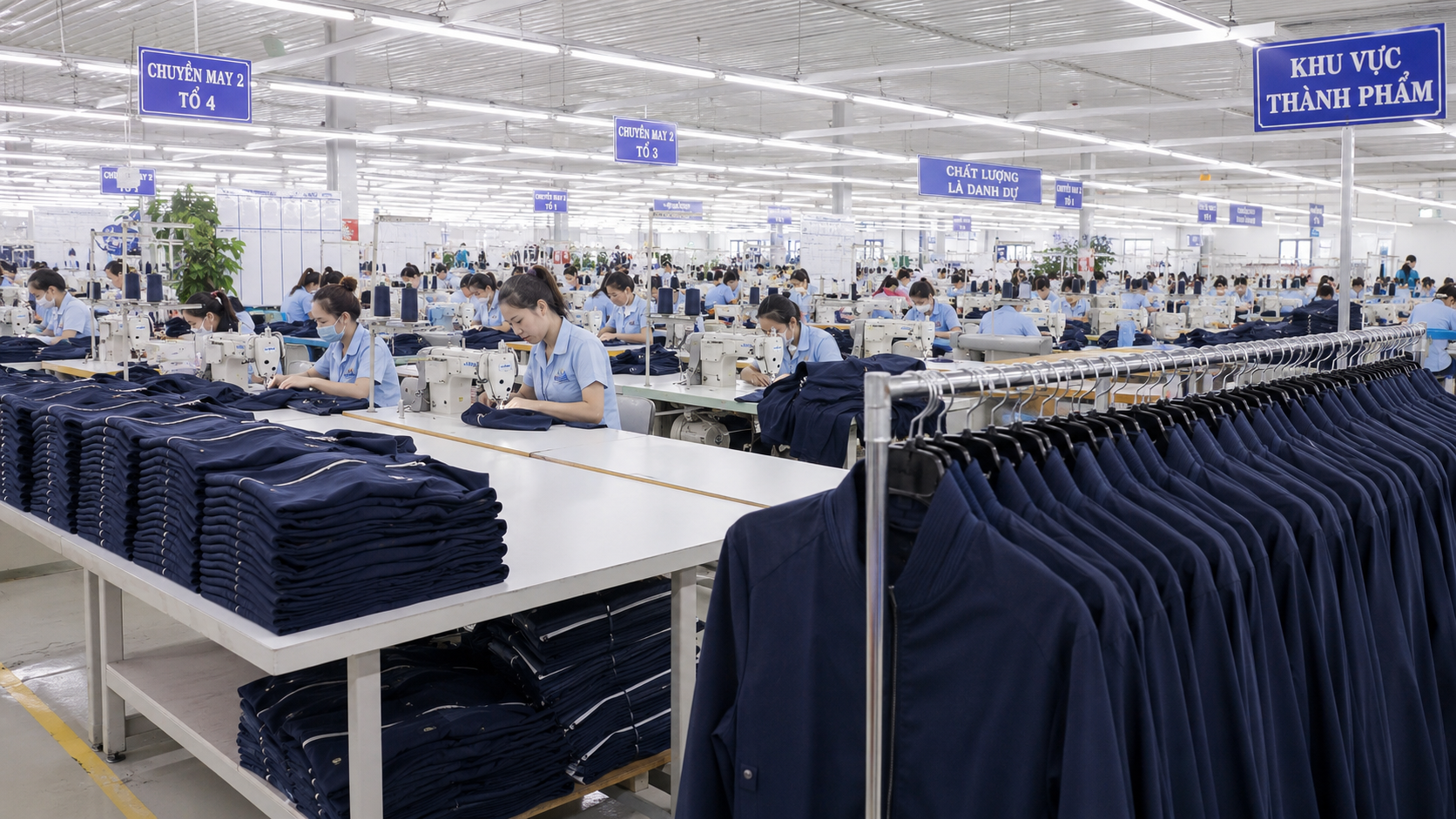 Organized production run of identical garments in a clean Vietnamese factory setting, showing volume and consistency across a repeat order