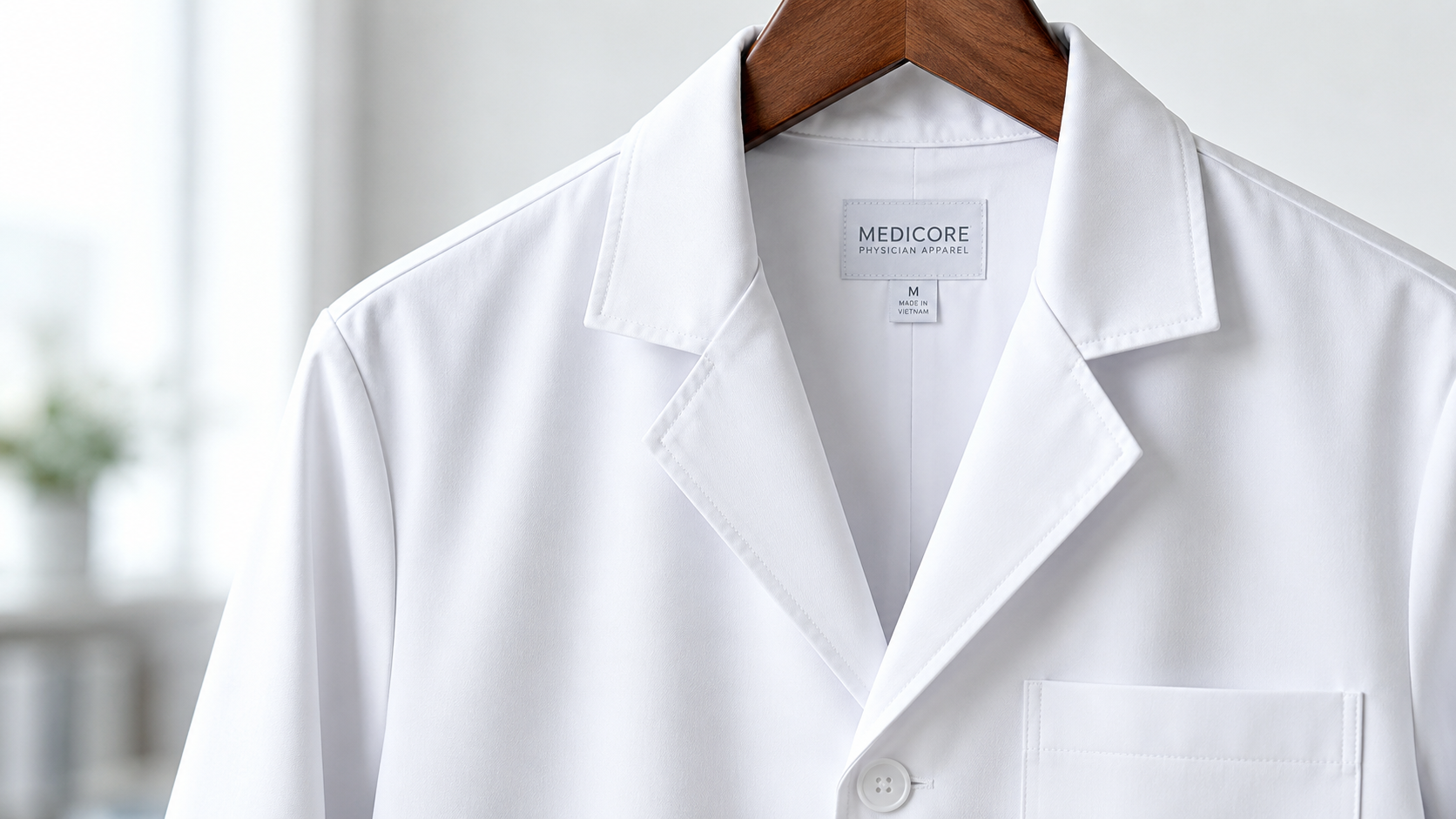 Close-up of a freshly pressed white physician lab coat on a hanger showing crisp finishing, precise stitching at the collar and lapel, and clean construction detail under soft directional lighting