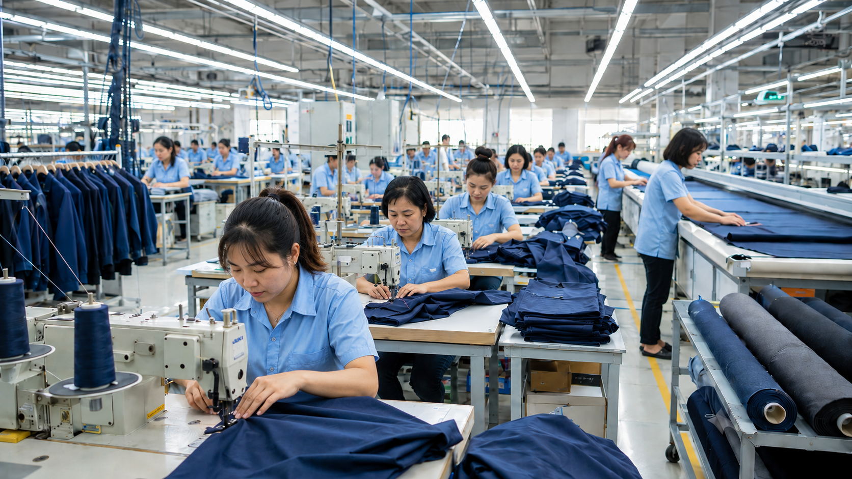 Clean modern garment factory production line with skilled workers producing high-quality clothing