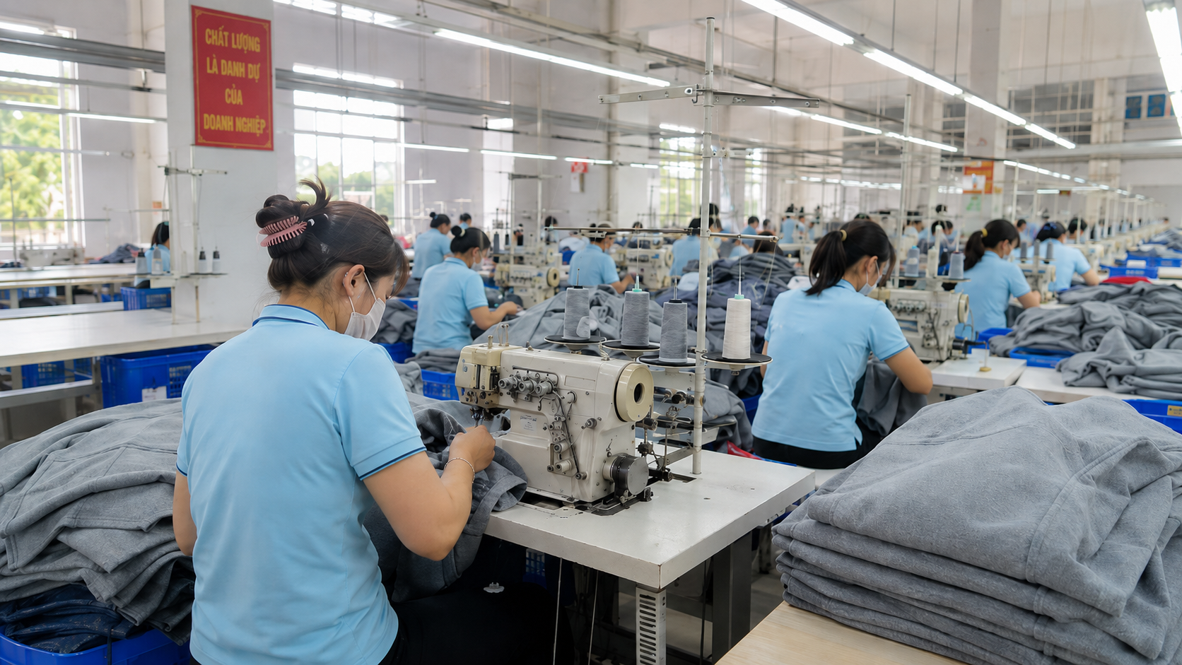 Knit garment production line with overlock sewing machines and fleece garments in progress