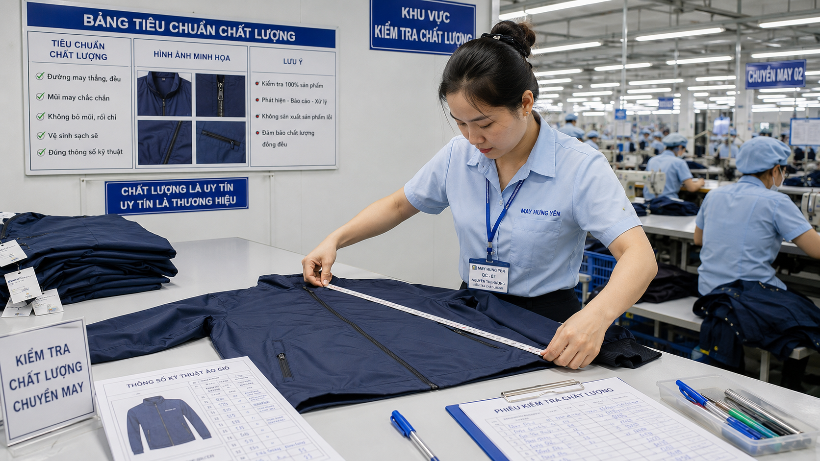 Quality control inspector measuring a finished garment against a specification sheet