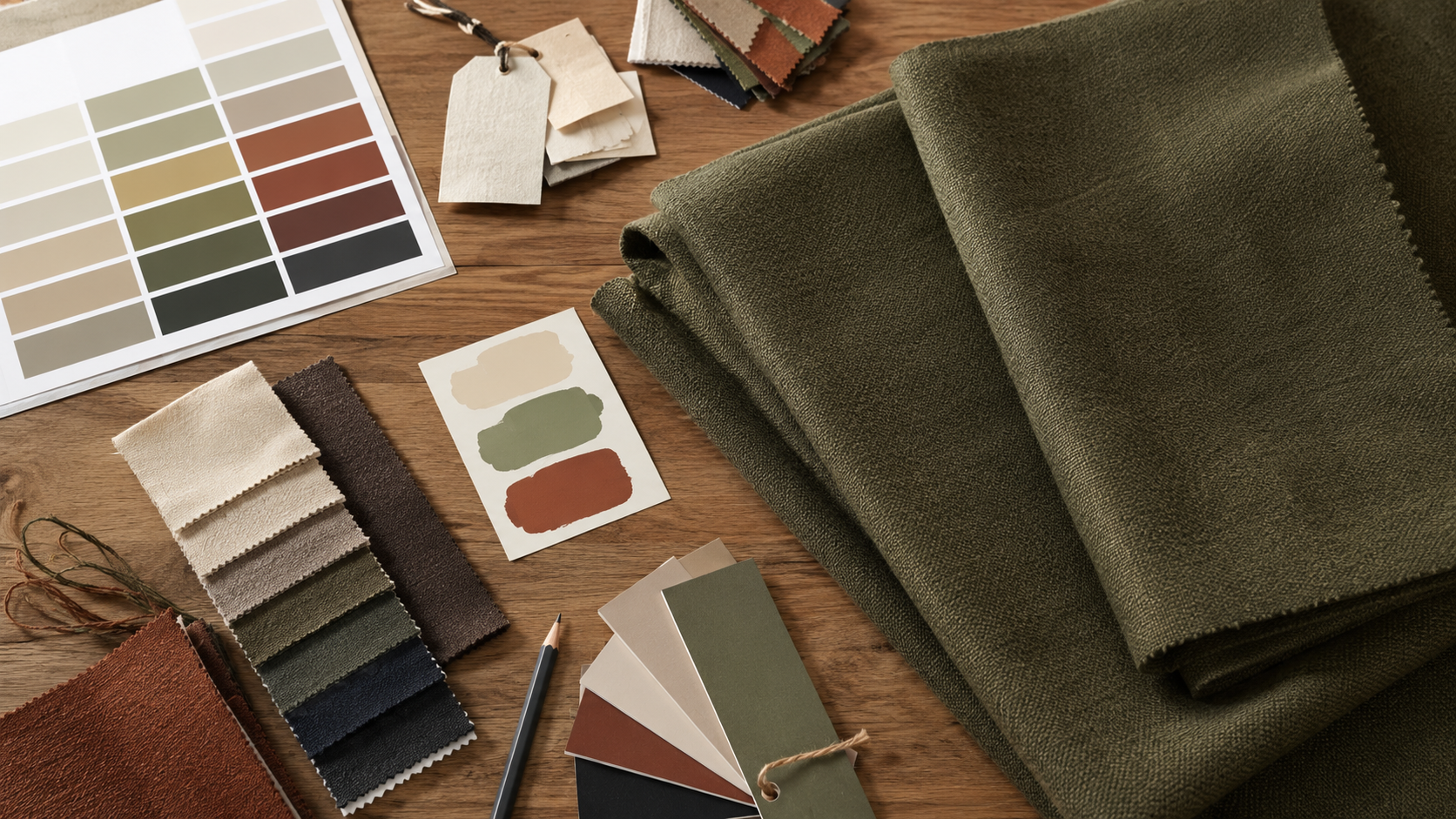 Color standards and lab dip swatches laid out for approval against a wool fabric sample