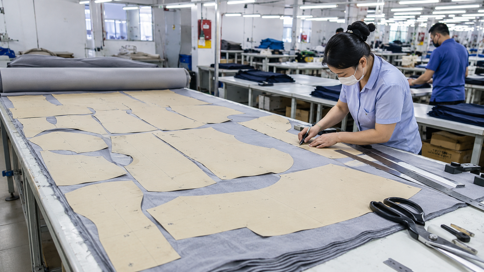 Fabric spread on a cutting table with marker layout showing pattern piece placement