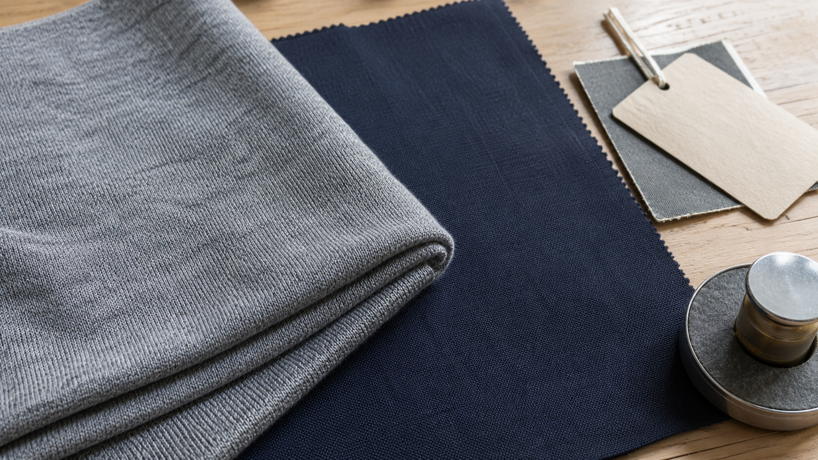 Fine merino knit fabric and worsted merino suiting shown together to compare hand and construction