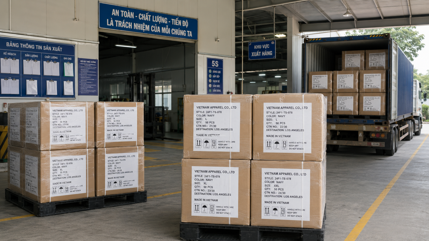 Labeled export cartons staged at a Vietnamese garment factory loading dock