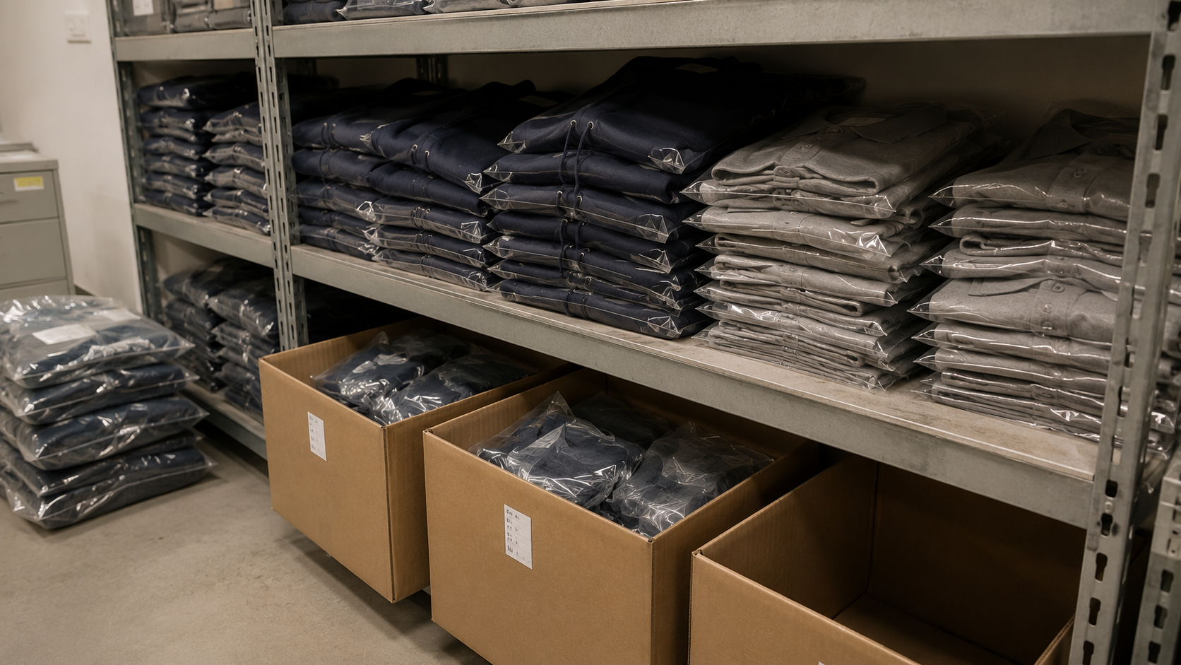 Unissued branded corporate apparel in polybags stacked on storeroom shelving beside partially emptied cartons, leftover stock from a staff apparel program