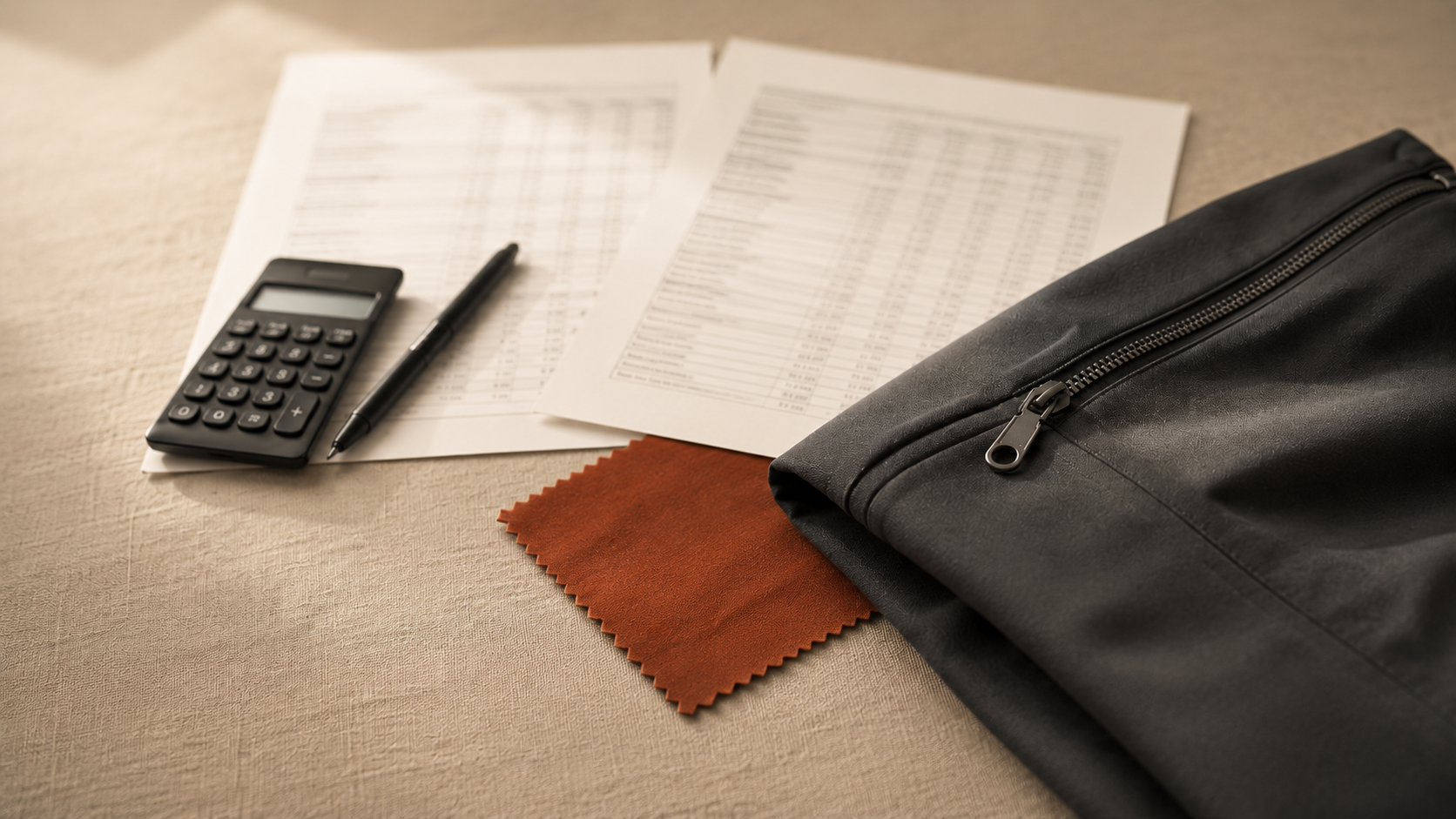 Two factory cost breakdowns for the same jacket laid side by side on a desk with a calculator and fabric swatch