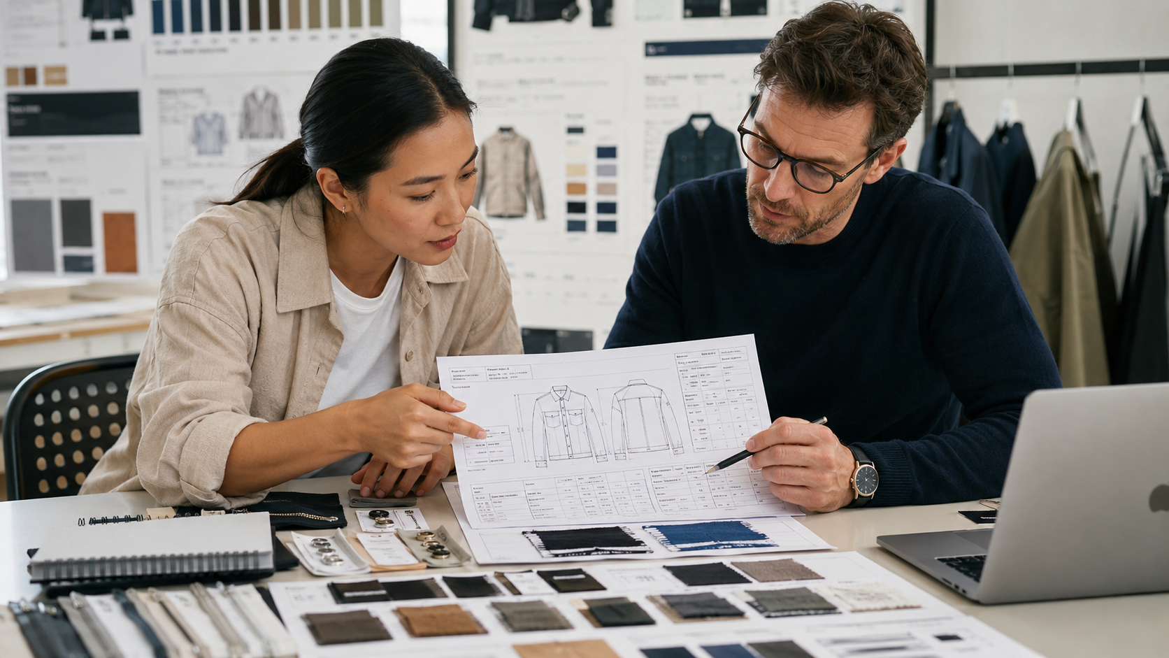 Two professionals reviewing a garment tech pack together at a production planning table, with fabric swatches and trim samples organized alongside the specification document