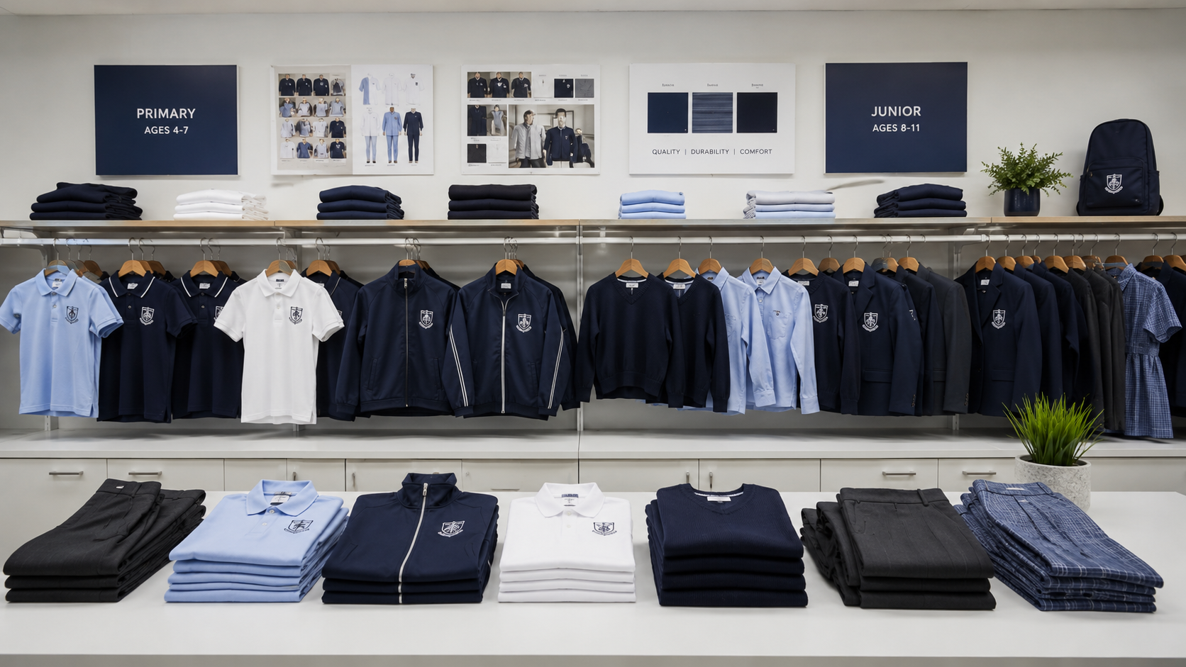 Organized display of children's uniform apparel including polos, trousers, and outerwear in a clean institutional production review setting