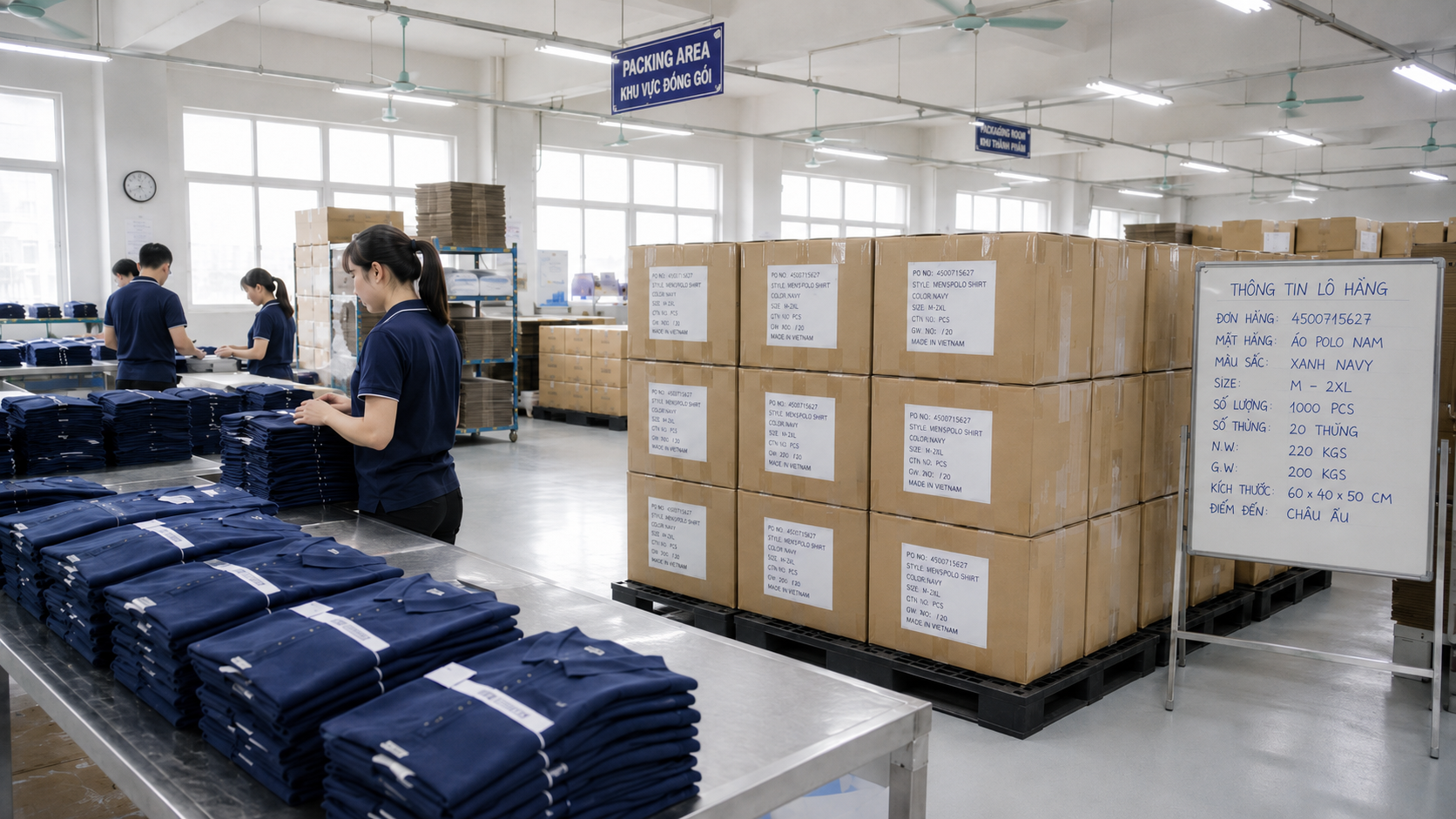 Finished garments organized for shipment in a professional Vietnamese production facility, repeat order packaging with clear labeling and organized export cartons