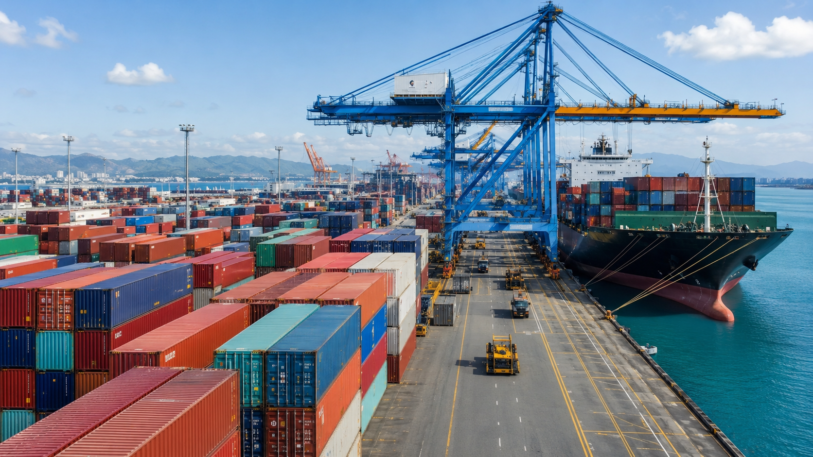 Shipping containers with international flags at a commercial port, representing global apparel trade routes from Vietnam