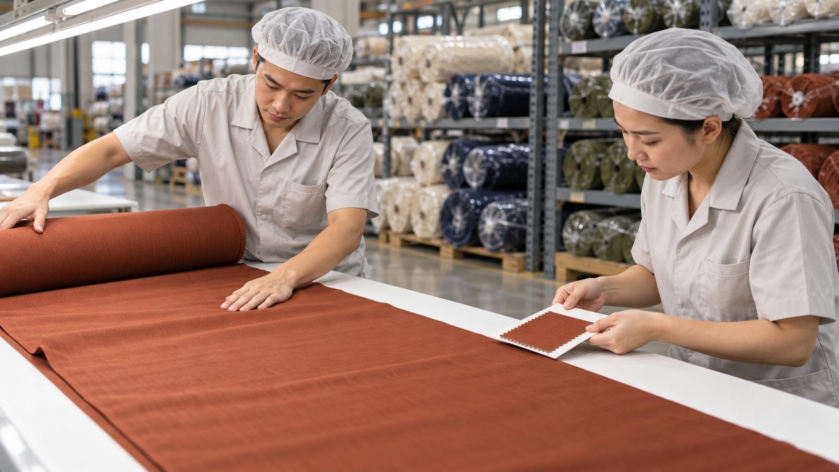 Bolts of dyed fabric being received and checked against approved swatches at a Vietnam garment factory warehouse