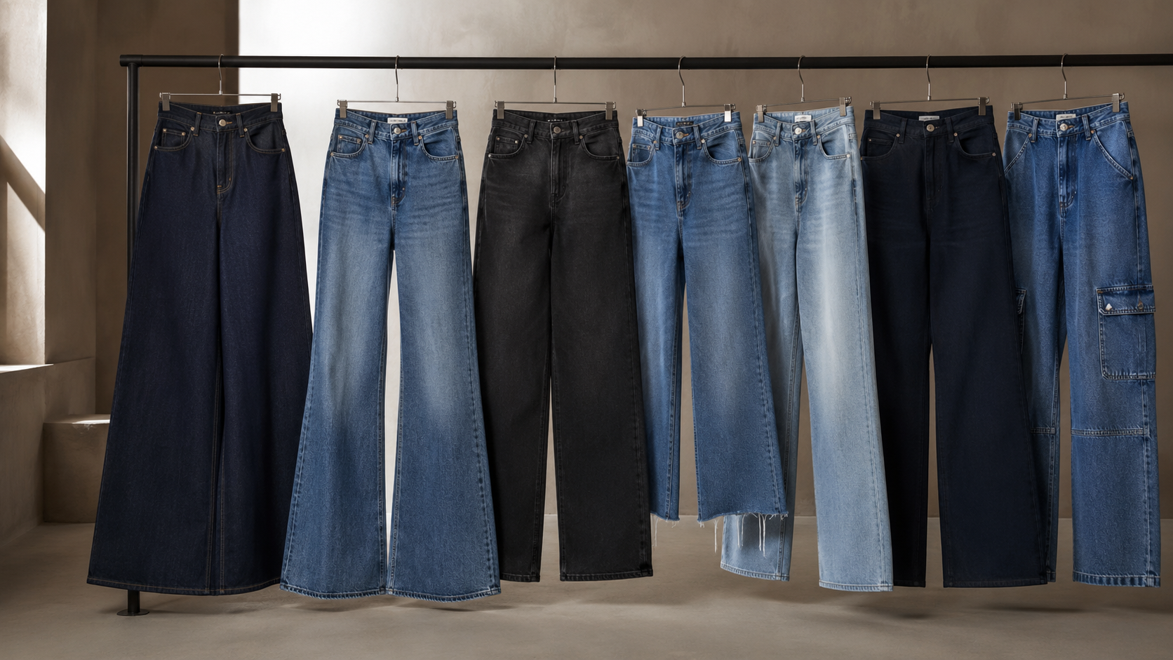 Editorial display of contemporary denim in multiple washes and silhouettes, including a dark wide-leg style and a mid-wash flare, for Vietnam apparel manufacturing
