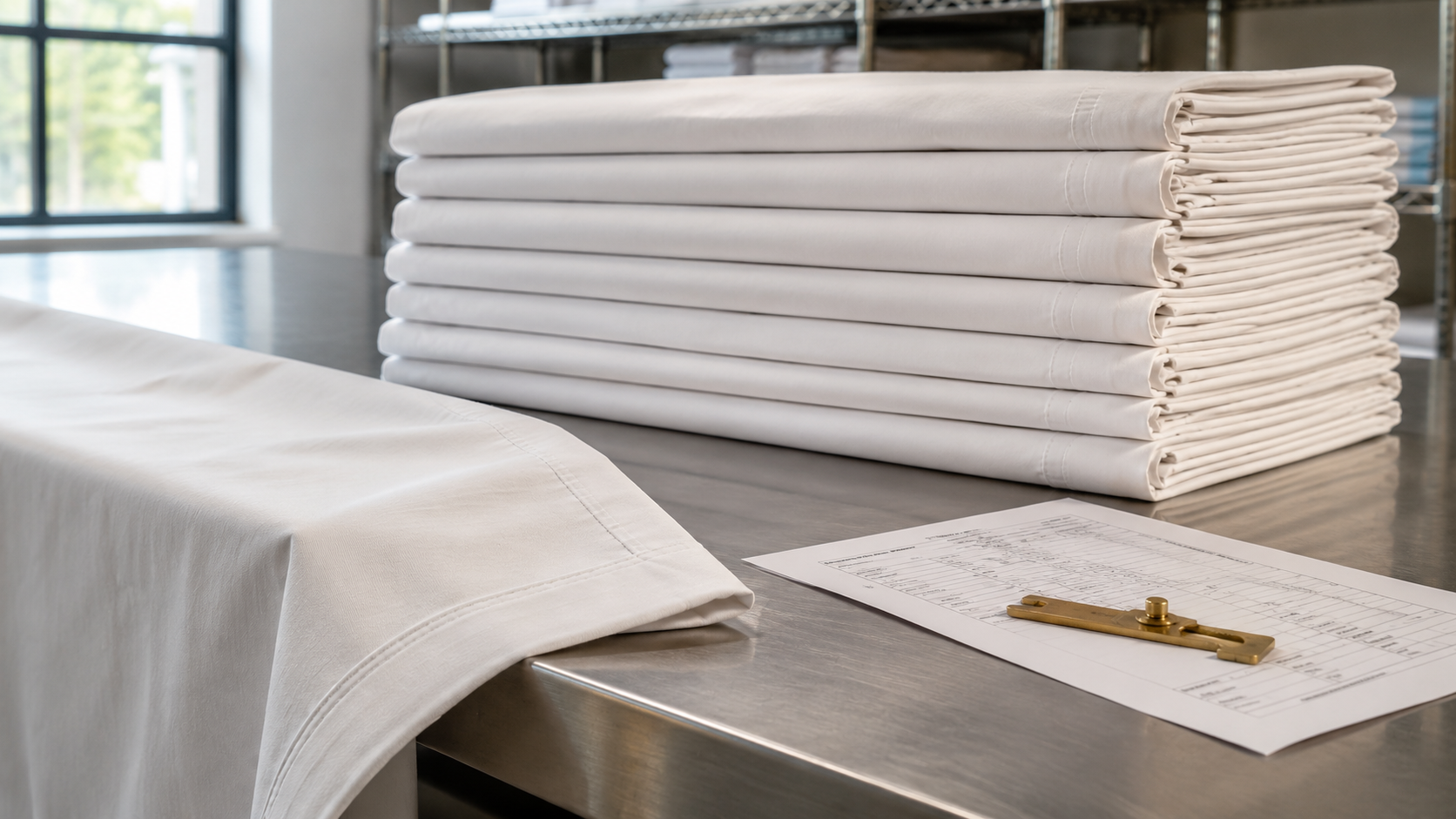 Folded white institutional flat sheets and pillowcases stacked on a stainless steel table with a specification sheet