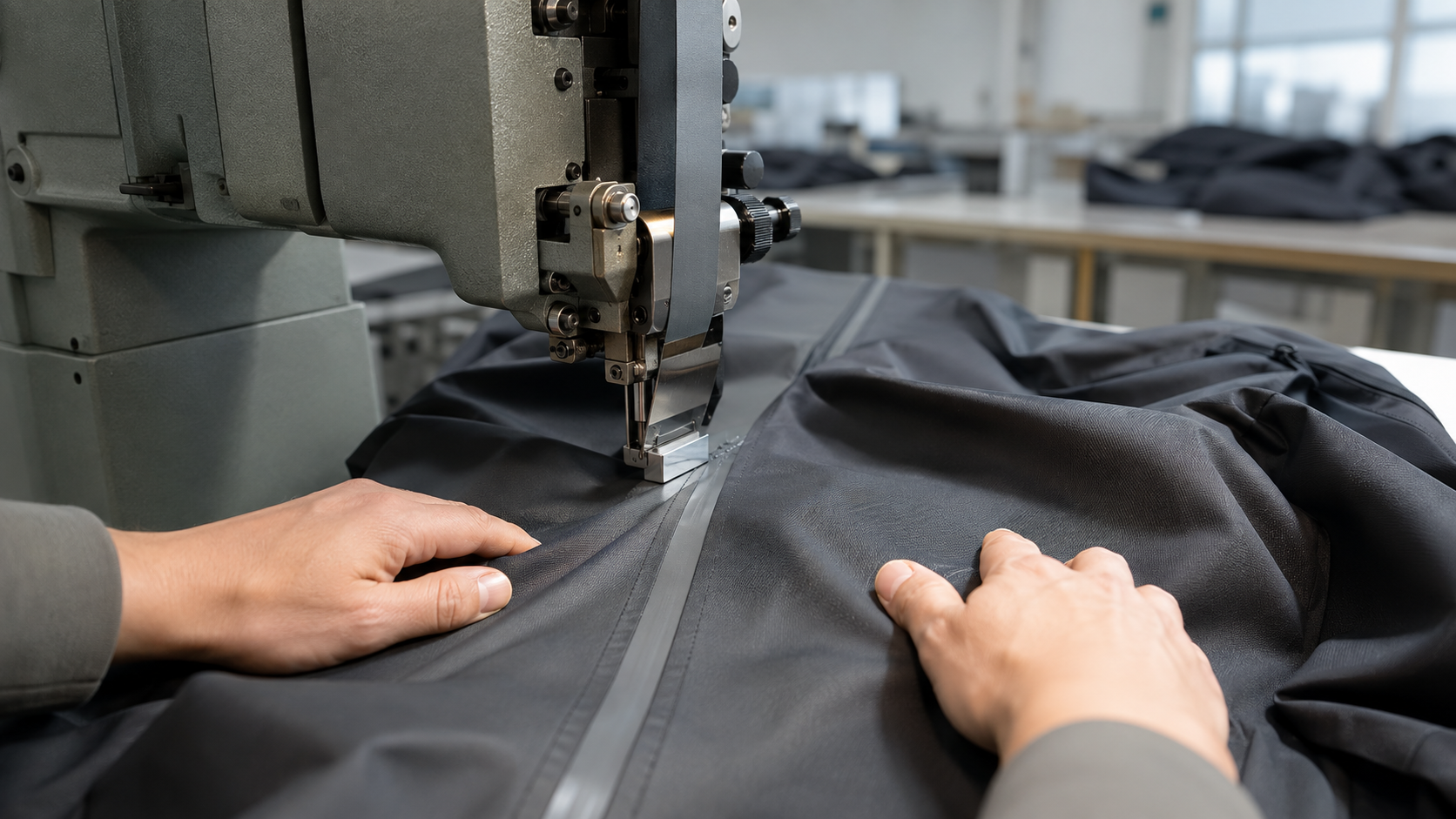 Technician running seam sealing tape along the interior seam of a waterproof jacket shell
