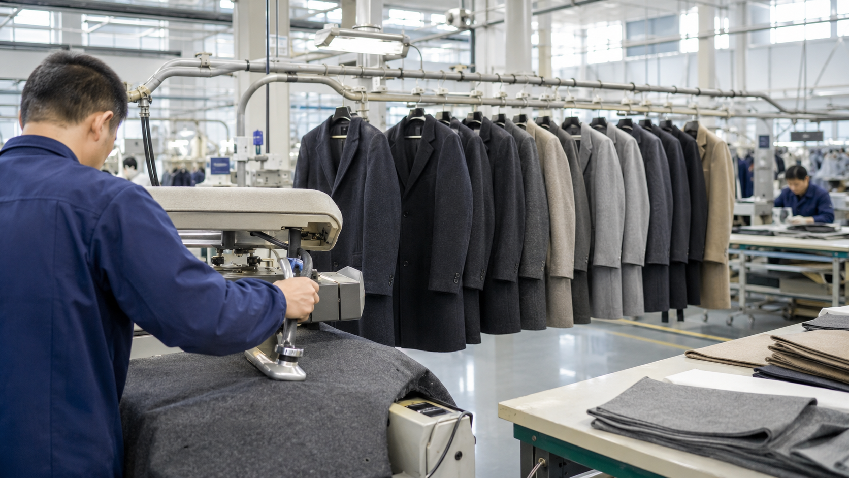 Wool coats in progress on a tailored garment production line