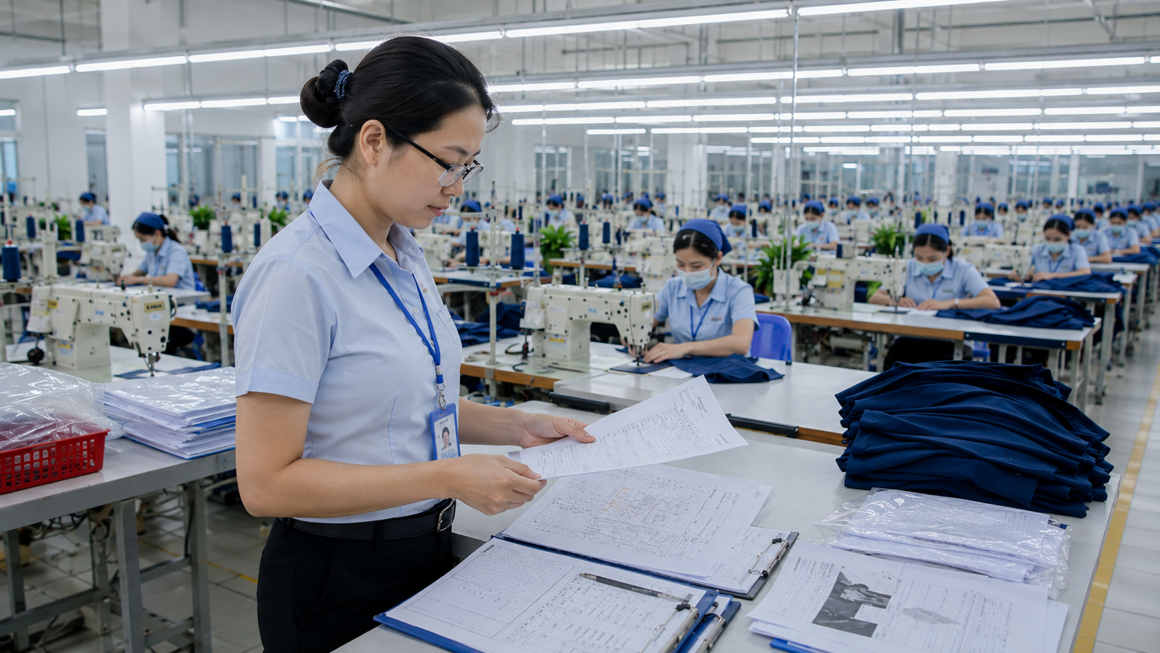 Third-party auditor reviewing production floor documentation at a Vietnam apparel factory with sewing lines in the background
