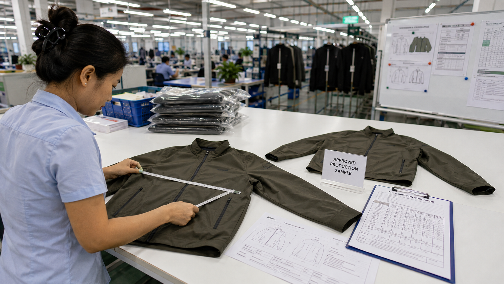 Quality control inspector reviewing finished garments against approved production samples before shipment