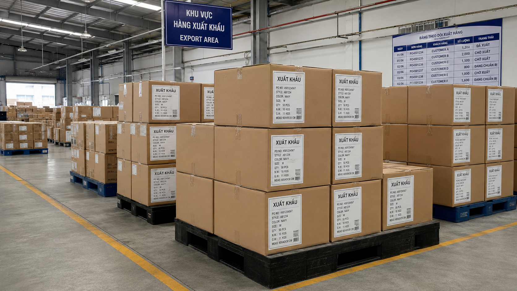 Organized export cartons labeled and staged for shipment in a Vietnamese garment factory warehouse