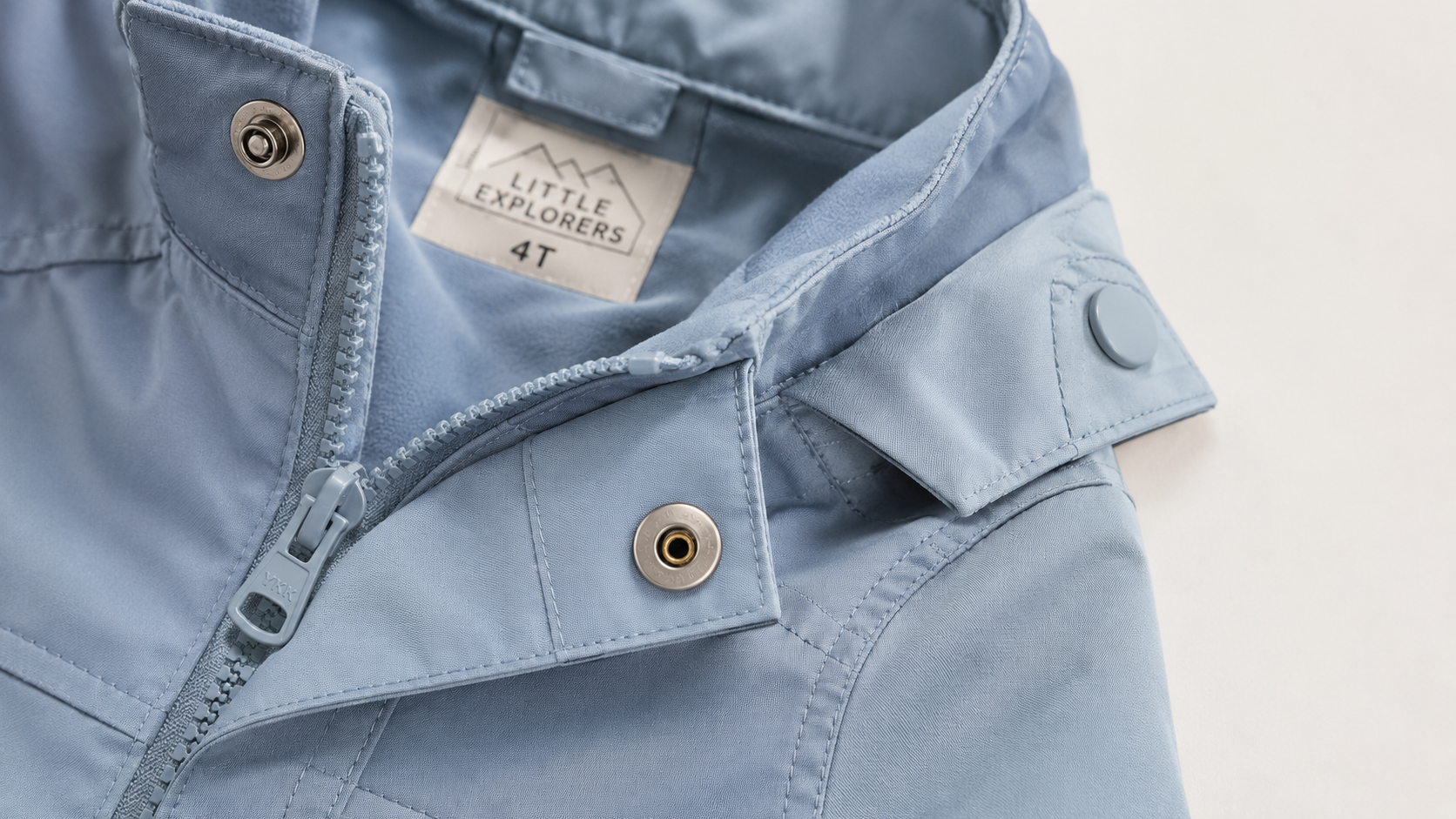 Close-up of secure closure construction and reinforced stitching detail on children's apparel, safety compliant trim and hardware