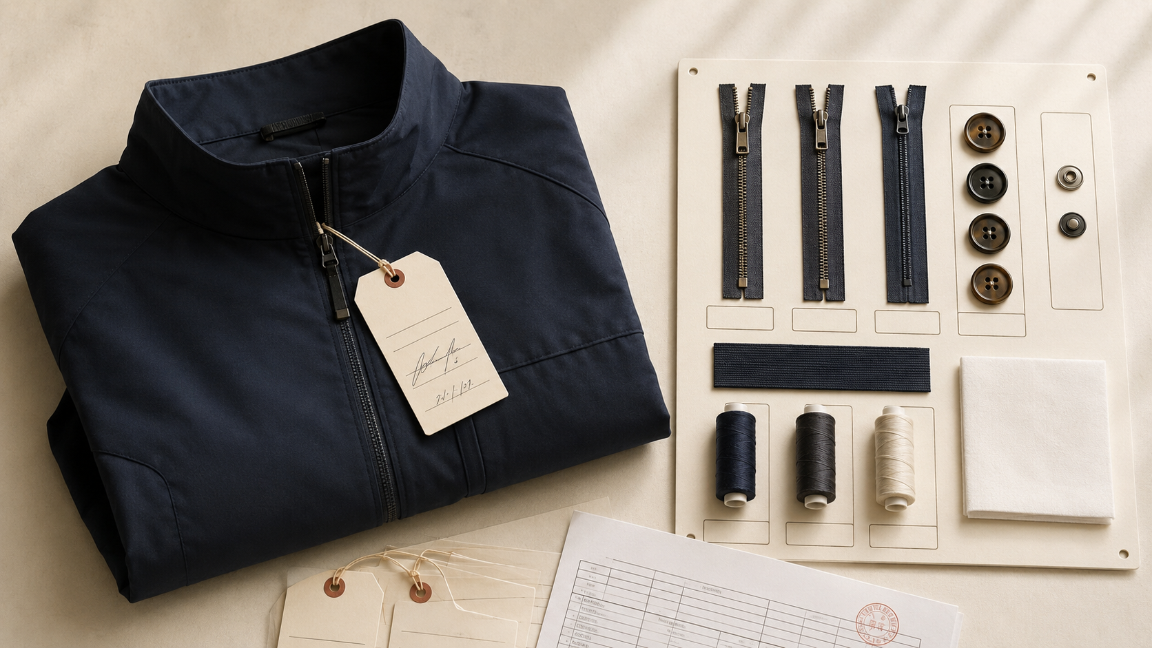 Sealed production sample with signed and dated approval tag beside an approved trim card with zippers, buttons, and thread