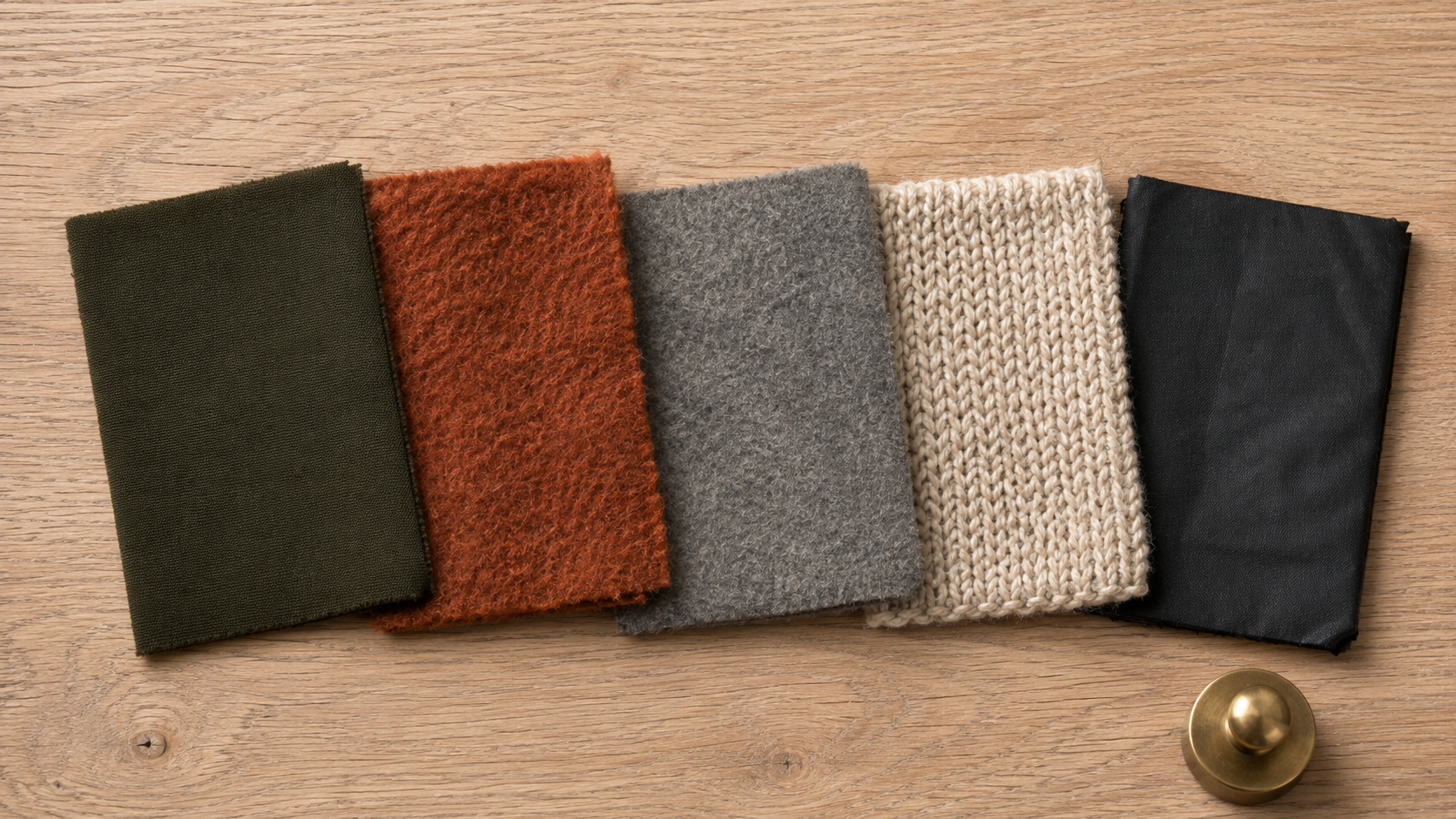 Wool and knit fabric swatches arranged on a light table showing brushed, felted, and raw-finish textures in earth tones