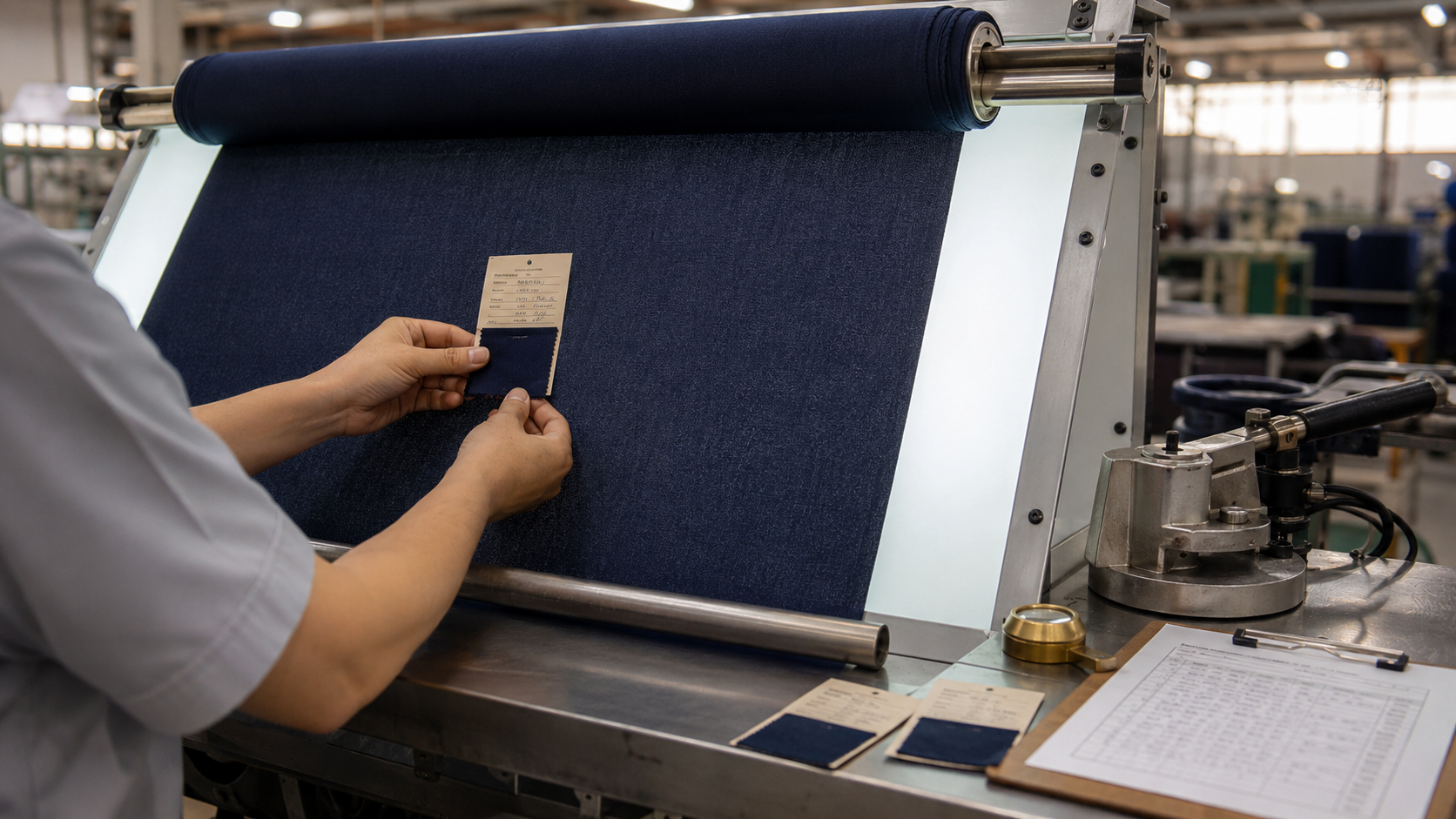 Bulk fabric roll under inspection against an approved swatch on a lit inspection table in a Vietnam apparel factory