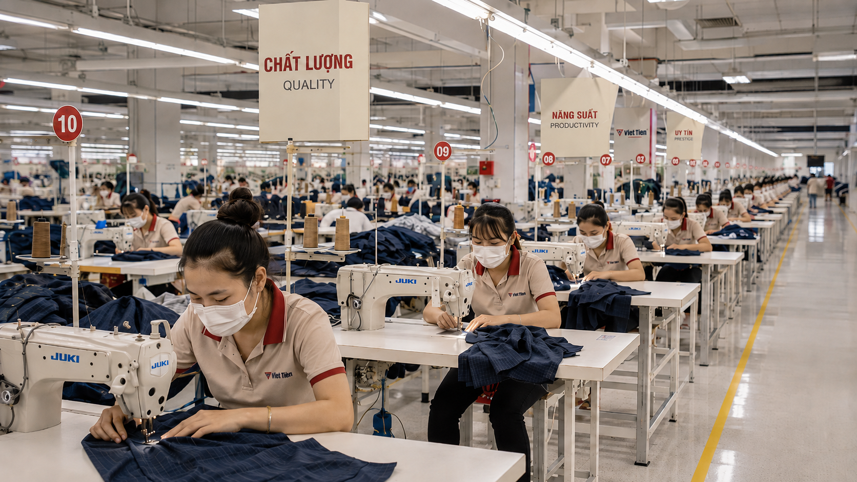 Modern Vietnam garment manufacturing floor with organized sewing stations and apparel production lines
