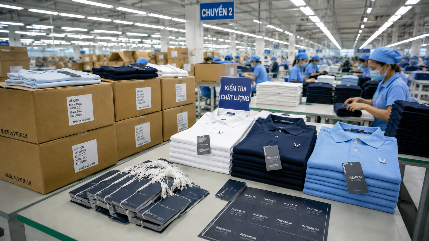 Neatly folded premium corporate apparel with branded labels, packaging materials, and export cartons ready for shipment