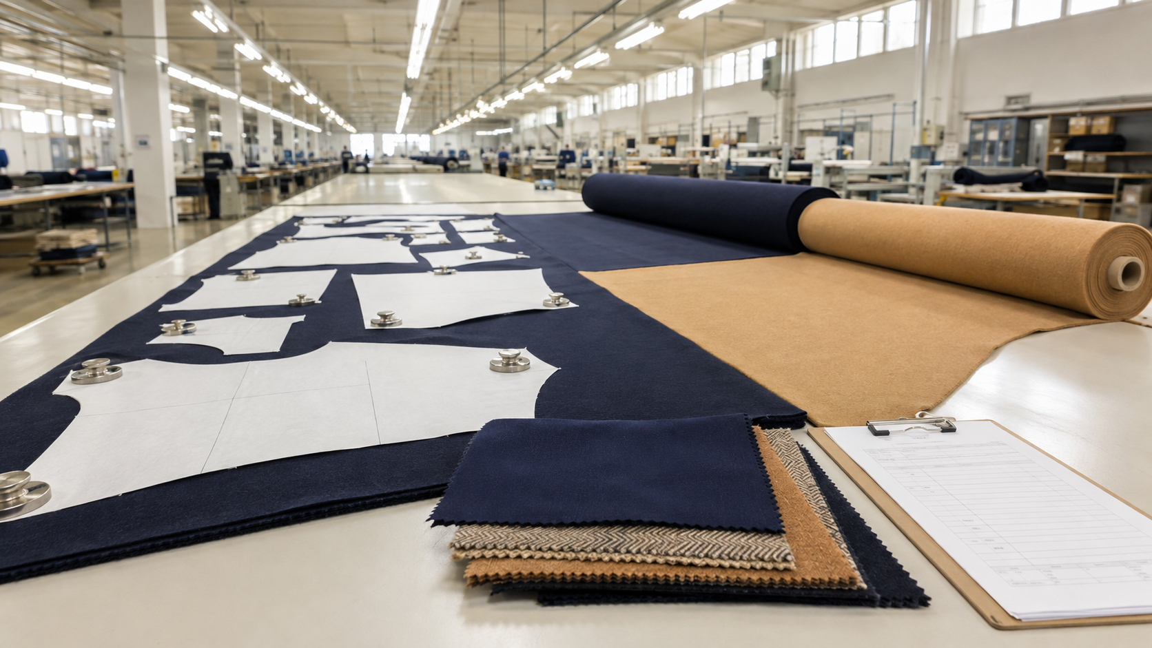 Wool fabric bolts and pattern pieces on a factory cutting table with inspection materials visible