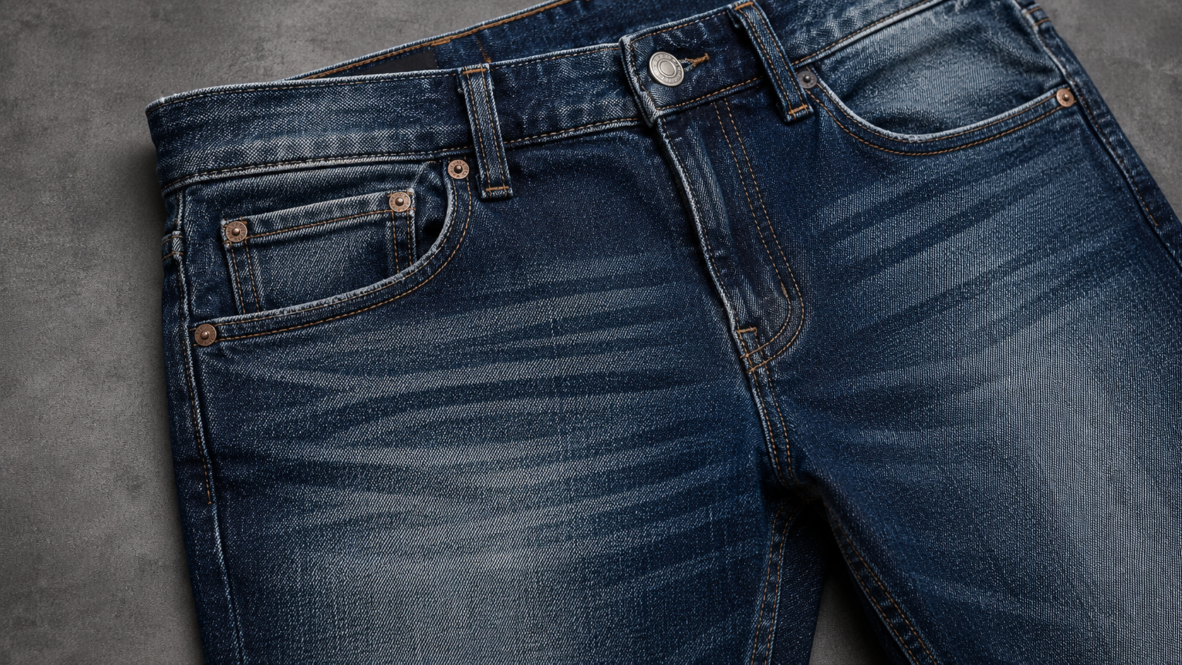 Close-up of denim wash and whiskering detail showing fade technique and construction finishing on a denim garment