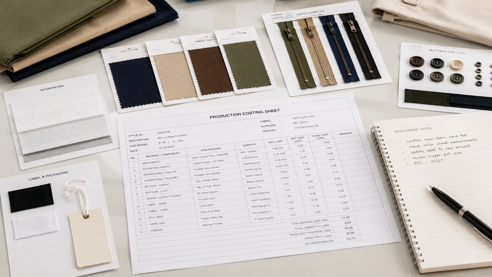 Fabric swatches, trim cards, and zipper samples arranged on a costing review table with a cost sheet