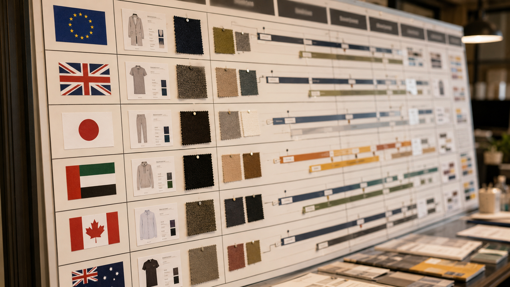 Production planning board in a garment factory showing destination markets and timeline strips