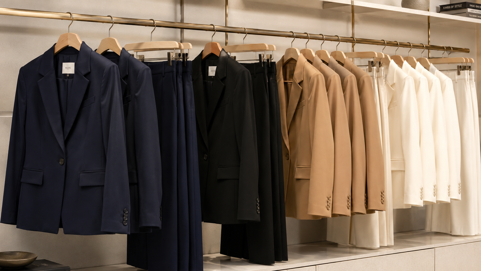 Premium women's blazers and suit separates in navy, black, camel, and ivory on clean hangers in an organized sourcing or retail setting, no people, editorial product focus
