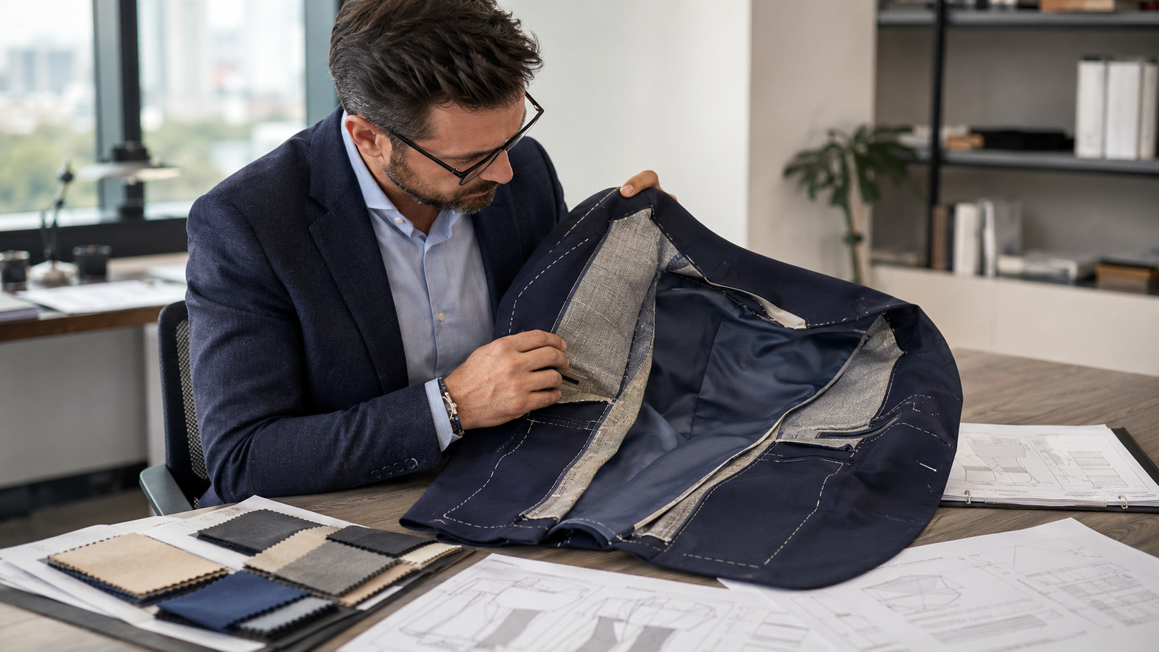 A professional retail buyer or sourcing director examining the interior lining, canvas construction, and finishing of a structured navy blazer in a clean modern sourcing office with fabric swatches and spec sheets on the table
