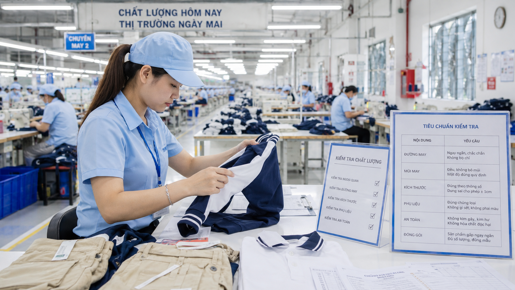 Quality control inspection of children's apparel in a professional Vietnamese garment factory, inspector examining construction and compliance details against specification